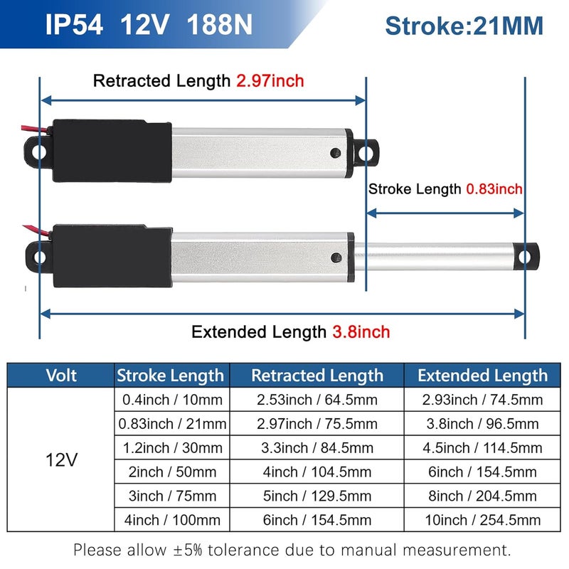 JQDML Store 0.83 Inch 0.83" Stroke Micro Linear Actuator 12V 42.2lbs/188N Electric Linear Actuator Speed 0.2"/sec with Mounting Brackets,for Robotics,Home Automation,Item Weight 0.09lbs - Image 2